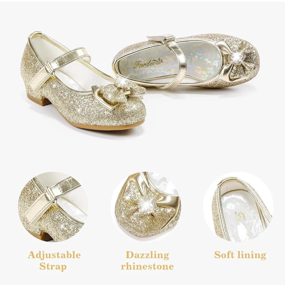Girls Sparkly Gold Kids Shoes with Bow